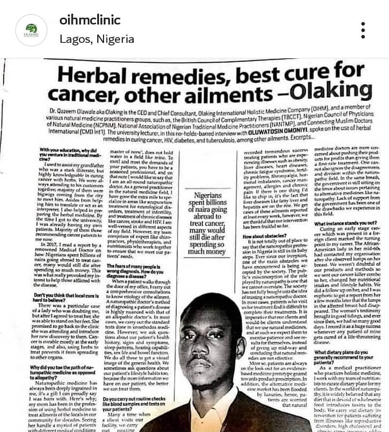 Dr Olaking Featured in a Newspaper publication 1